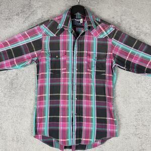 Vintage Wrangler Shirt Men 15.5-33 Pink Teal Cowboy Cut Western Pearl Snap Rodeo